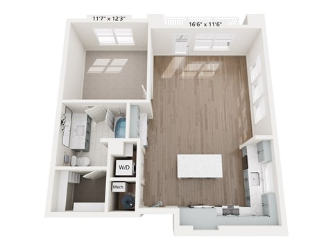 A floor plan of a small apartment with a kitchen, living room, and bathroom.